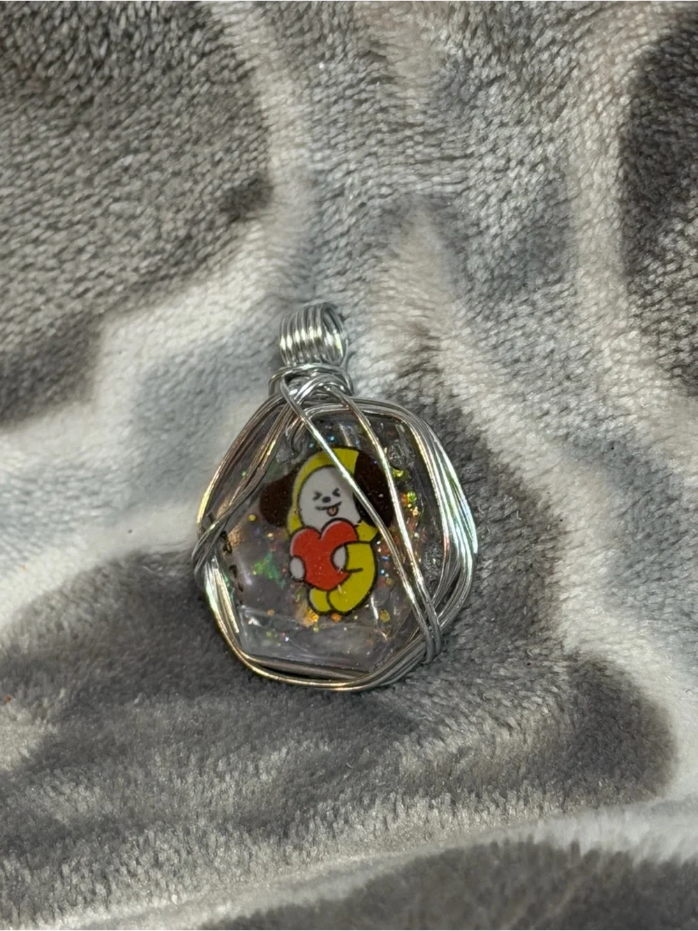 Silver Wire-Wrapped Pendant with Yellow Character and Red Heart K-pop inspired